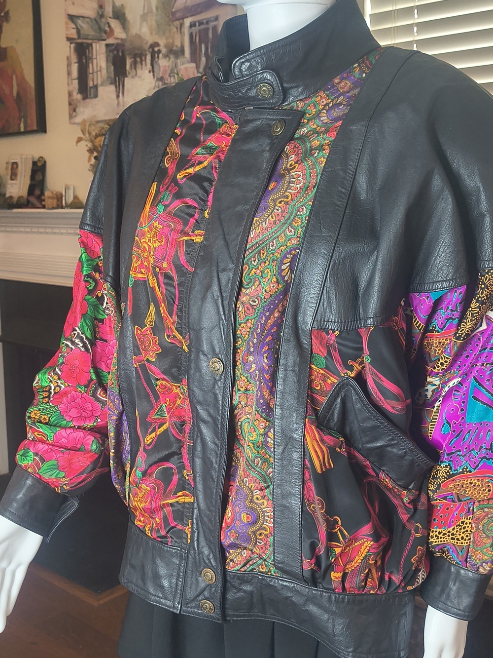 Vintage Pelle Leather Patchwork Scarf Print Jacket Size M Made In Korea